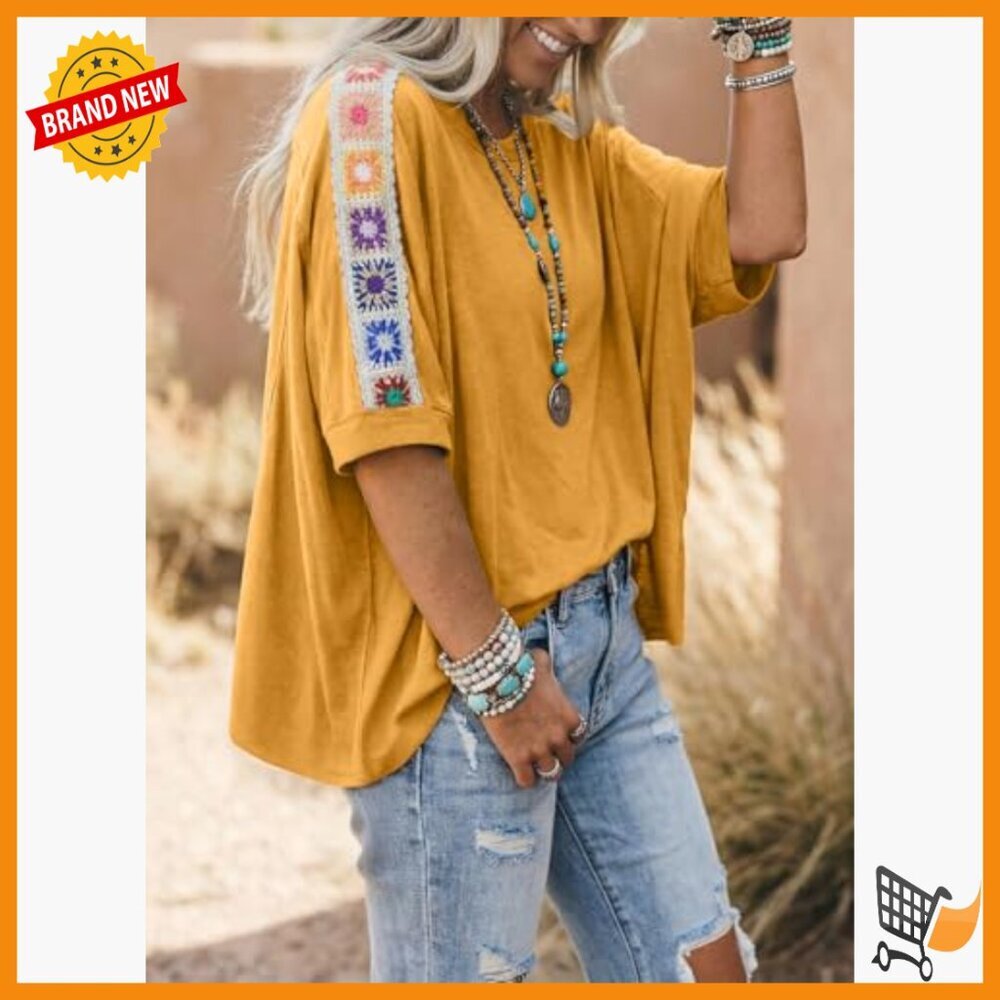 Oversized Embroidered Summer Blouse Casual Beach Vacation Top - Picture 3 of 7
